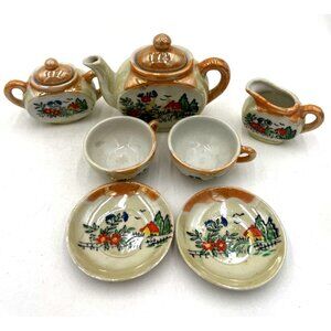 Vintage Whimsical Japan Cottage Scene Childs Tea Miniature Porcelain Lusterware
